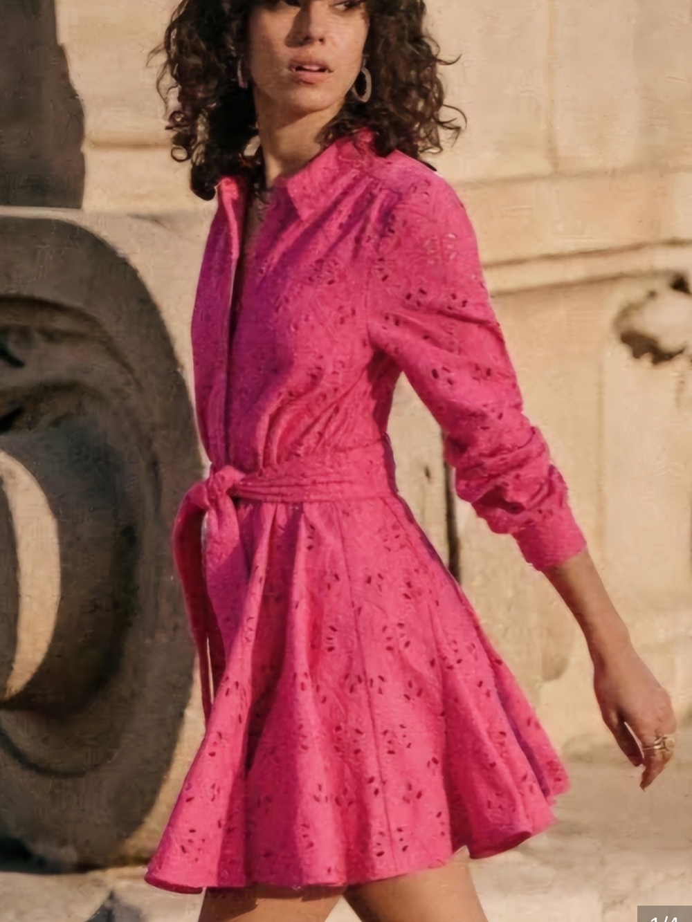 Sezane Hot Pink Eyelet Shirt Mini Dress with Waist Tie